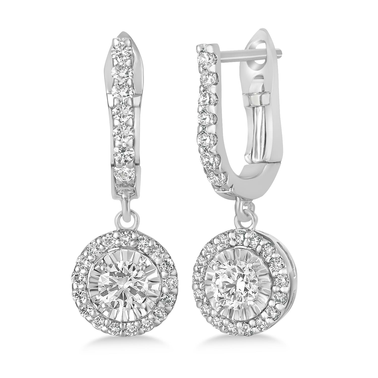 Round Diamond Halo Dangle Earrings in 14k White Gold (1.00 ctw)