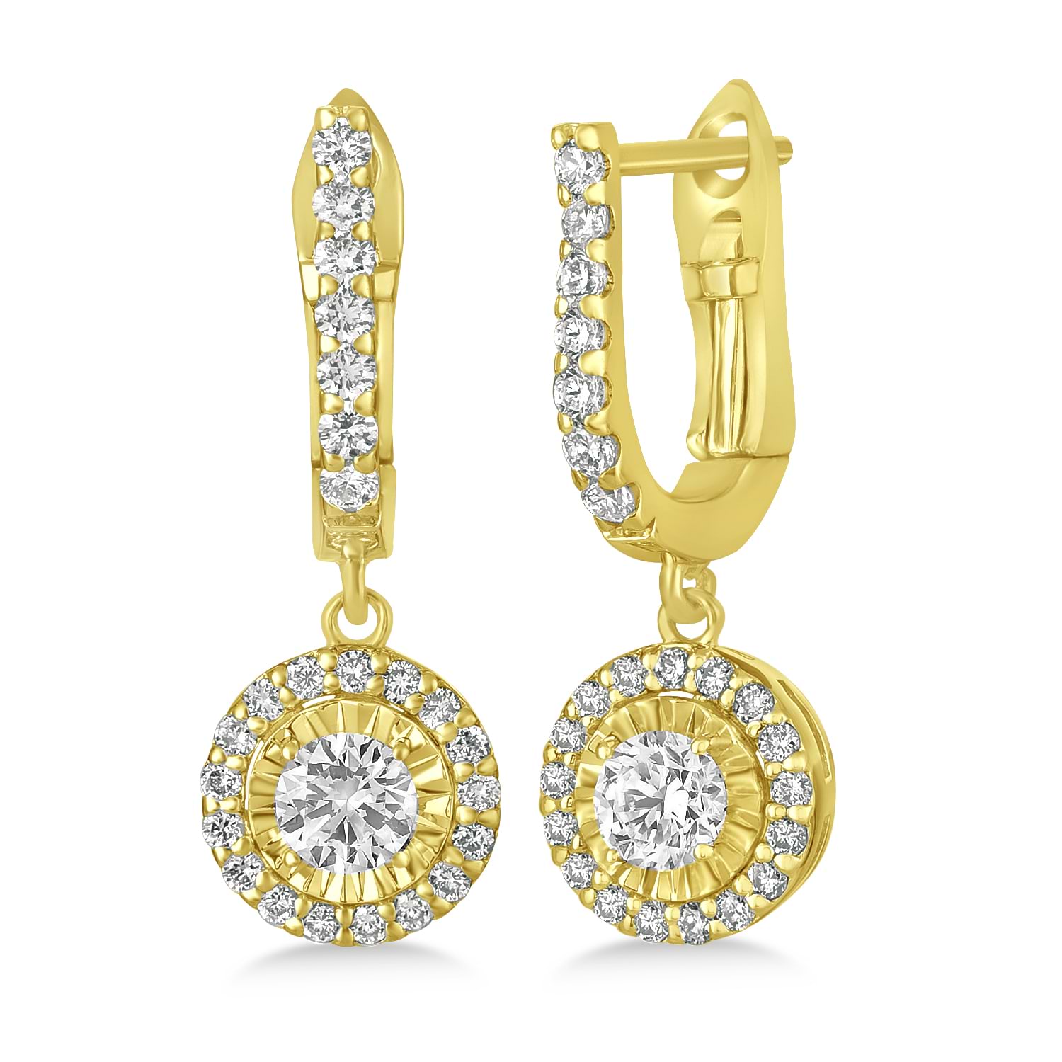Round Diamond Halo Dangle Earrings in 14k Yellow Gold (1.00 ctw)