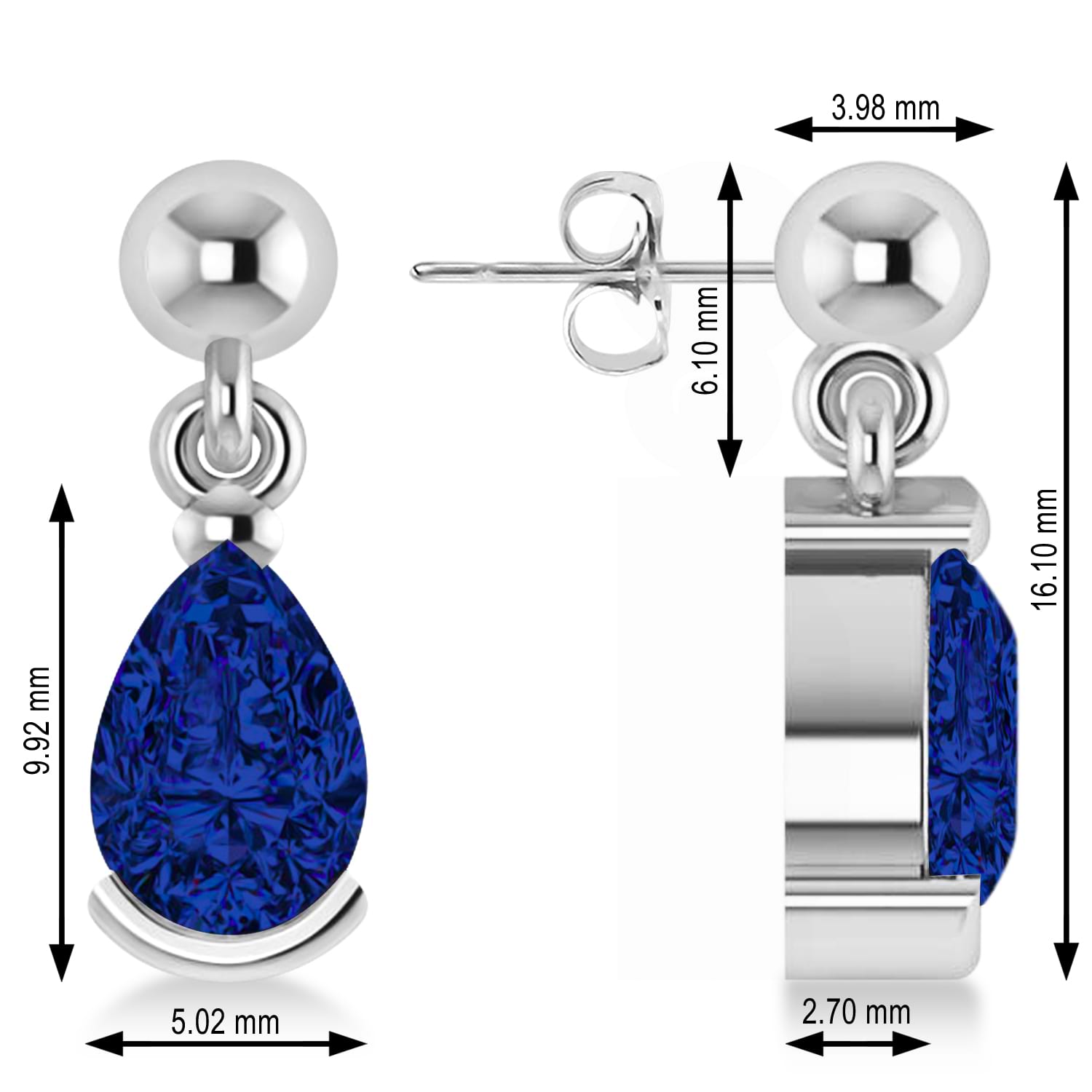 Blue Sapphire Dangling Pear Earrings 14k White Gold (2.00ct)