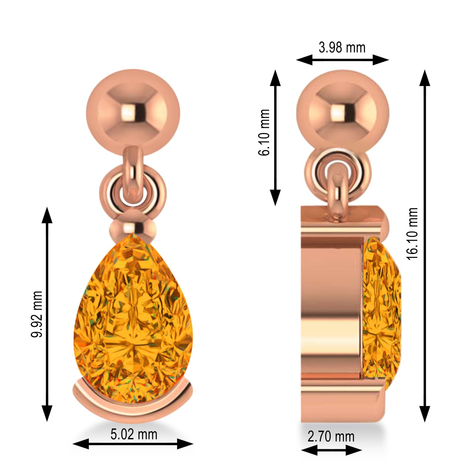 Citrine Dangling Pear Earrings 14k Rose Gold (2.00ct)