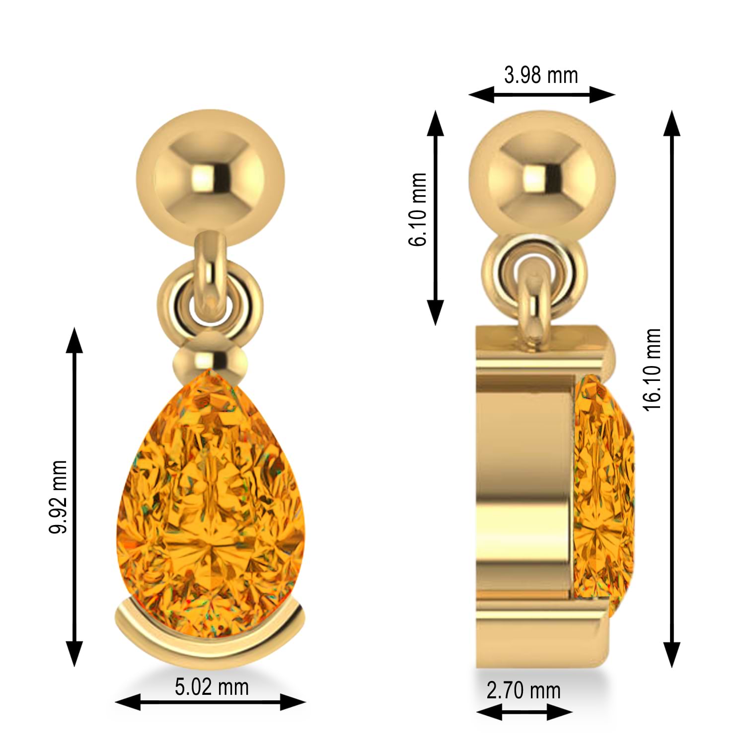 Citrine Dangling Pear Earrings 14k Yellow Gold (2.00ct)