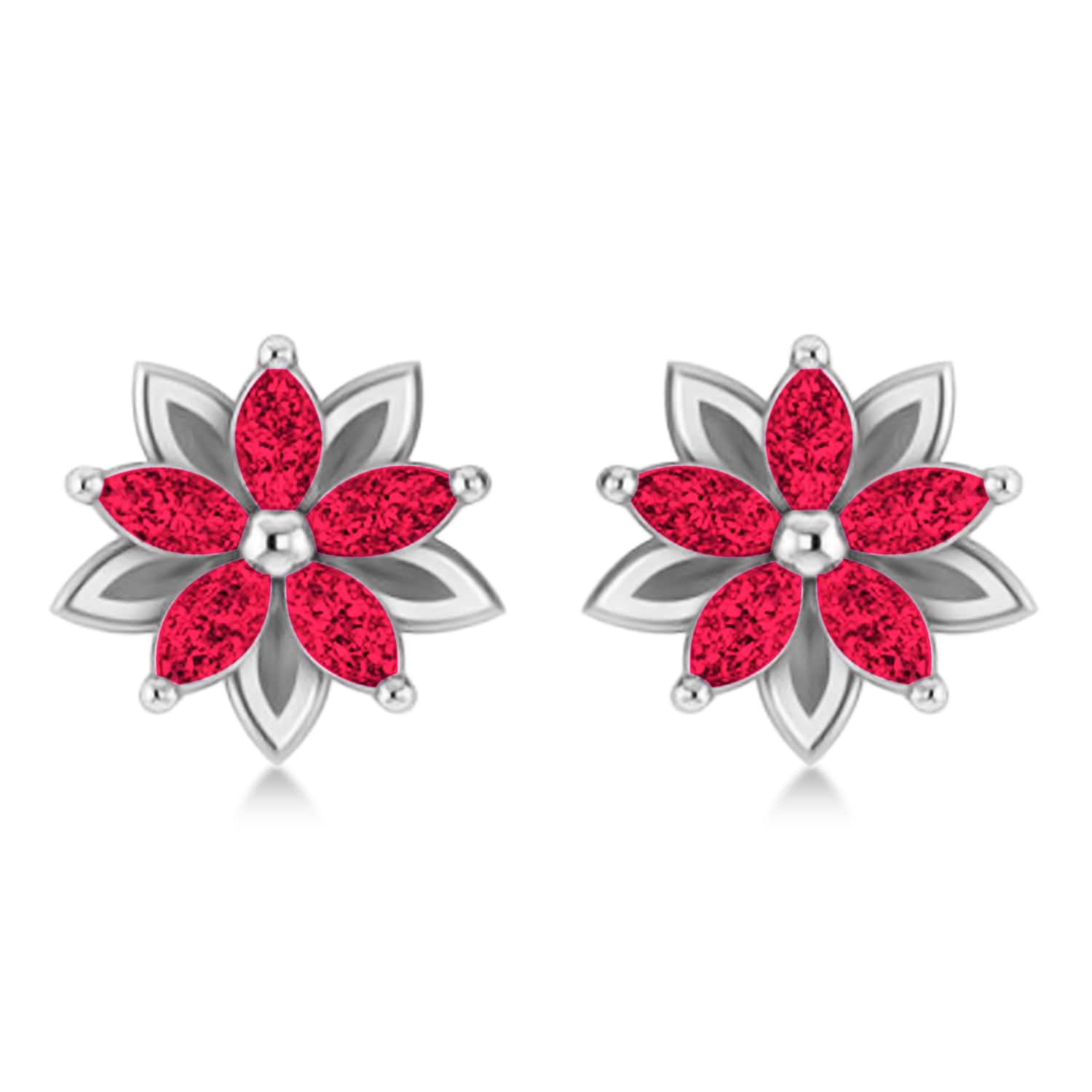 Ruby 5-Petal Flower Earrings 14k White Gold (1.40ct)