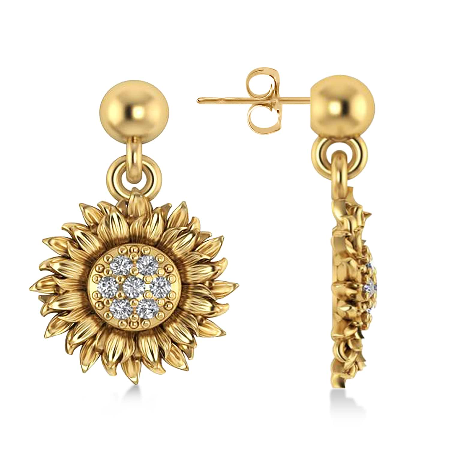 Diamond Sunflower Dangling Earrings 14k Yellow Gold (0.14ct)