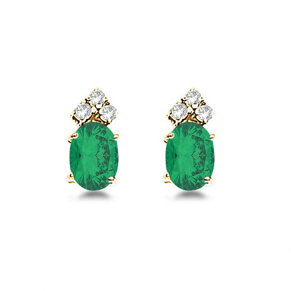 Oval Emerald and Diamond Stud Earrings 14k Yellow Gold (1.24ct)