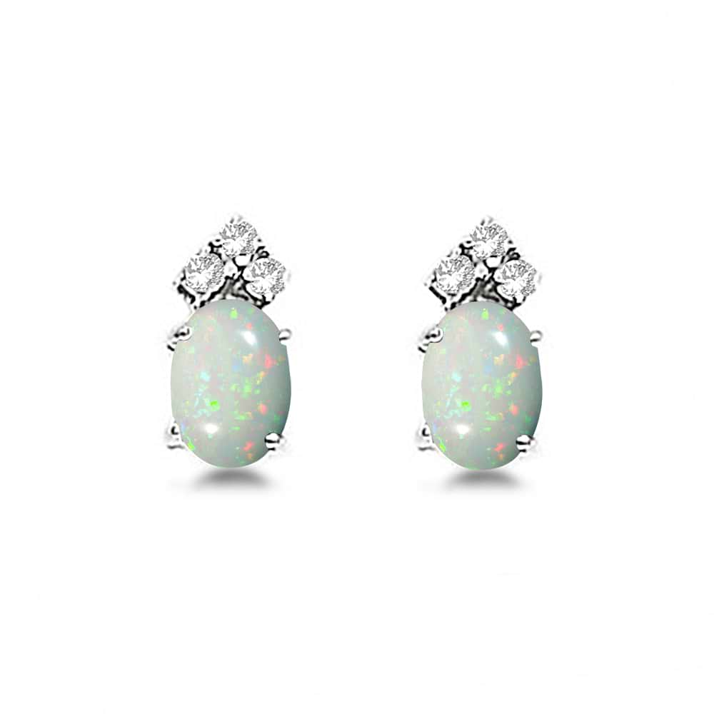Oval Opal & Diamond Stud Earrings 14k White Gold (1.24ct)