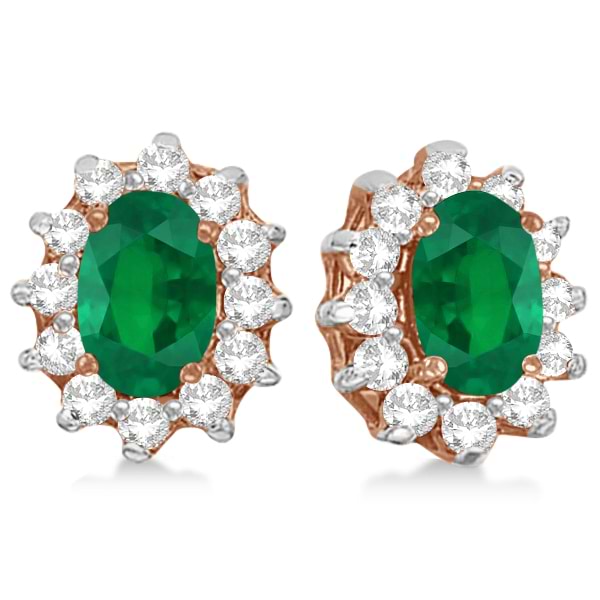 Oval Lab Grown Emerald & Diamond Earrings 14k Rose Gold (2.05ct)