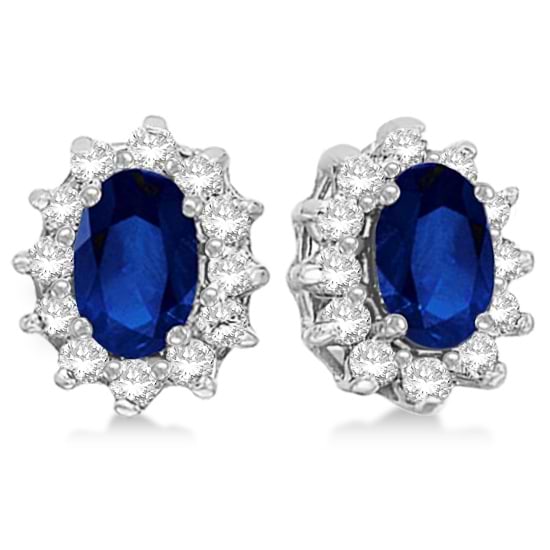 Oval Lab Grown Blue Sapphire & Diamond Earrings 14k White Gold (2.05ct)