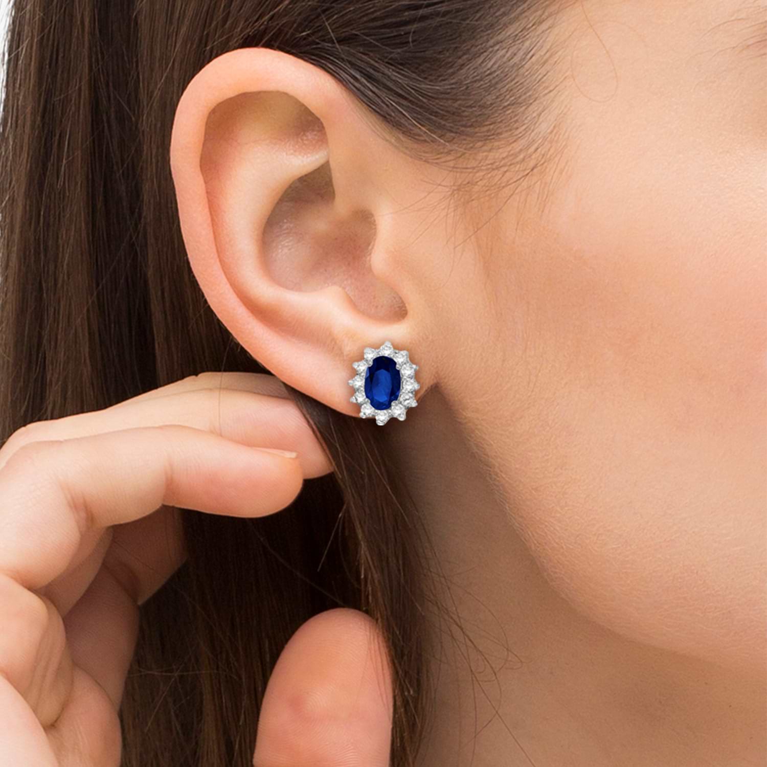 Oval Blue Sapphire & Diamond Accented Earrings 14k White Gold (2.05ct)