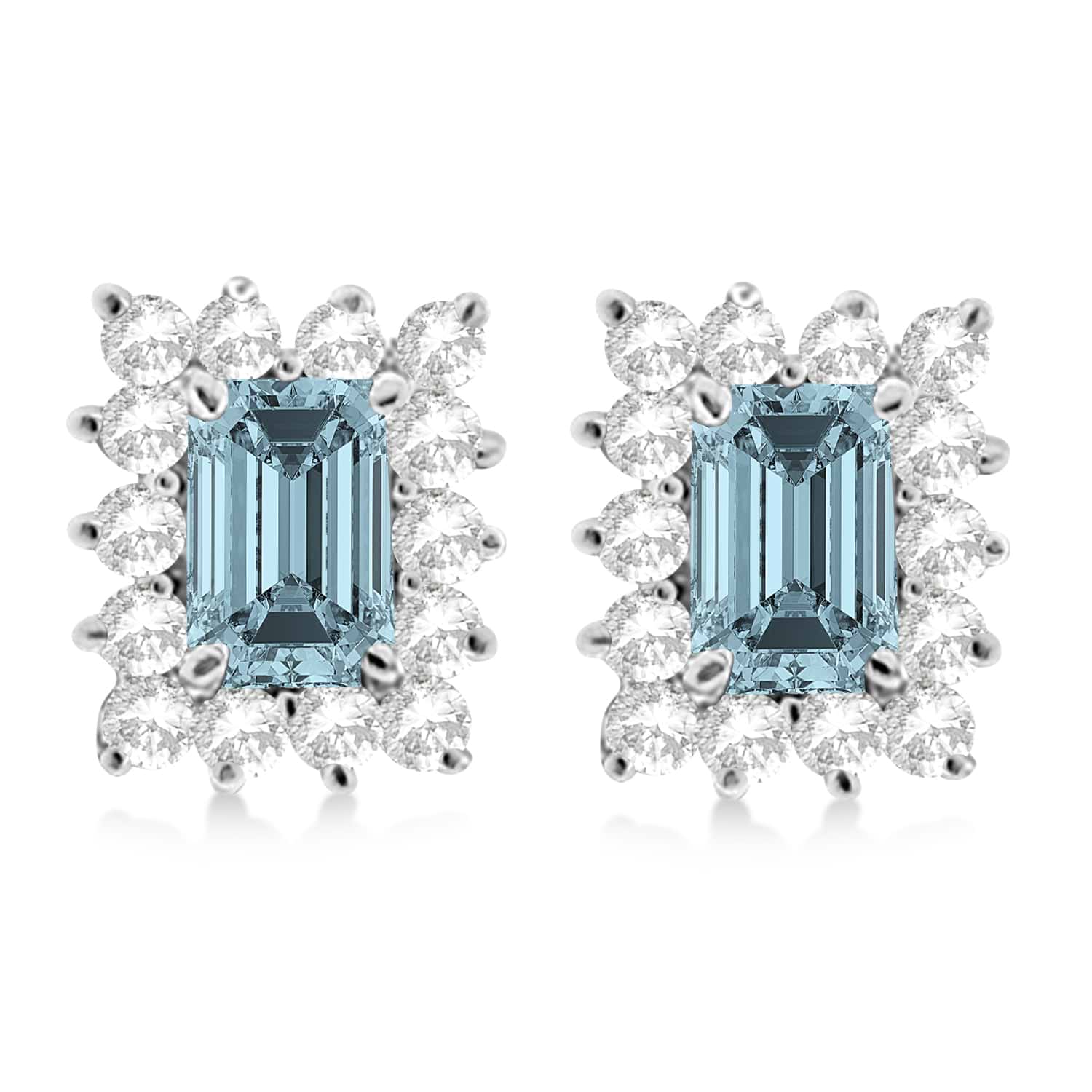 Emerald-Cut Aquamarine & Diamond Stud Earrings 14k White Gold (1.80ctw)
