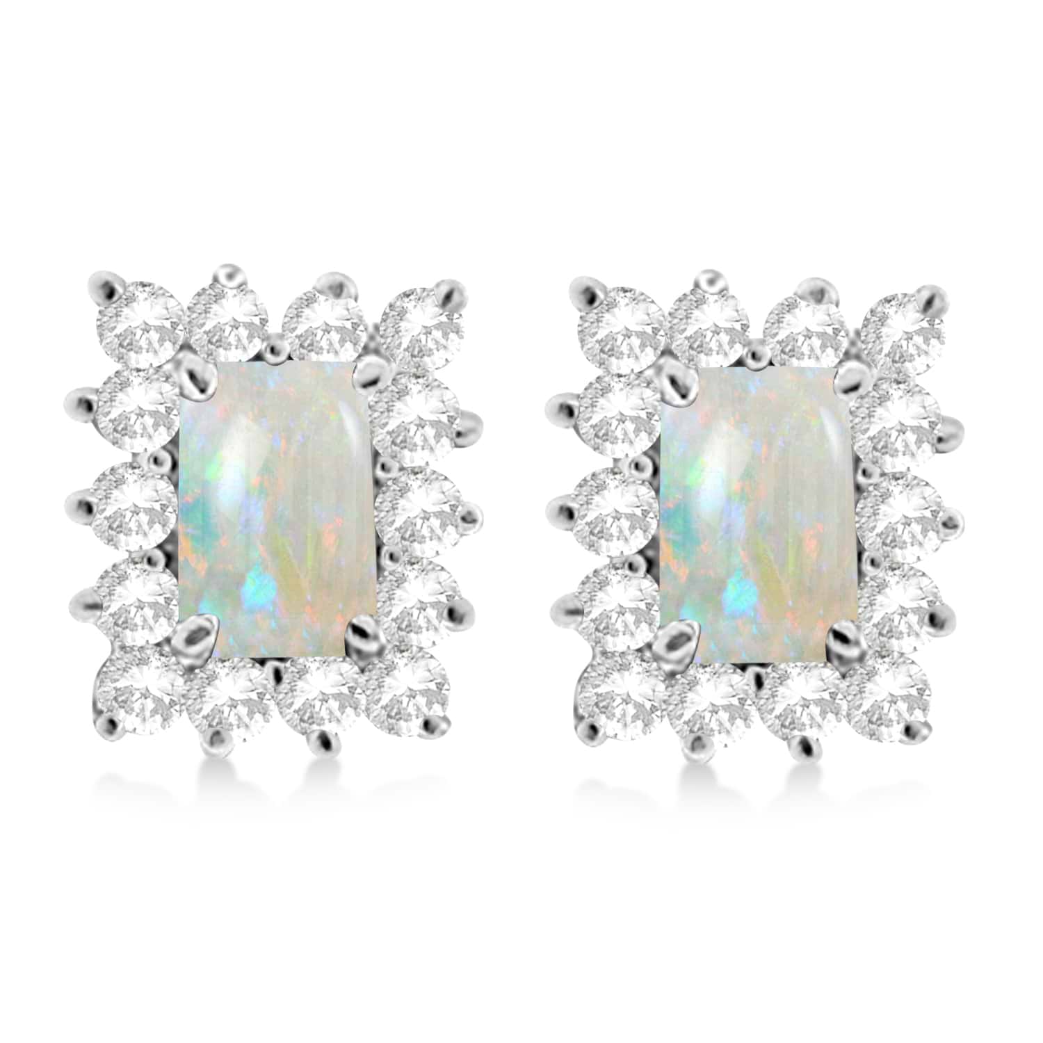 Emerald-Cut Opal & Diamond Stud Earrings 14k White Gold (1.80ctw)