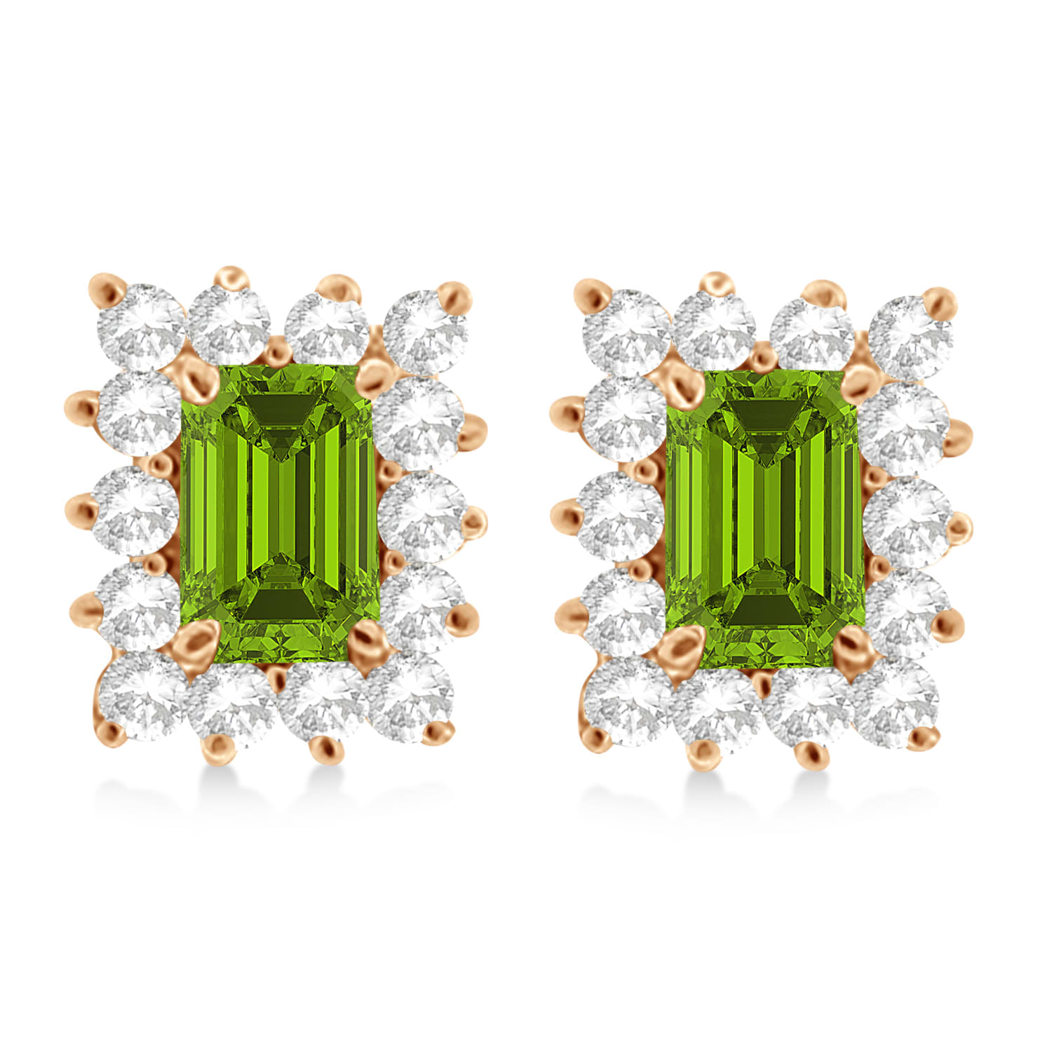 Emerald-Cut Peridot & Diamond Stud Earrings 14k Rose Gold (1.80ctw)