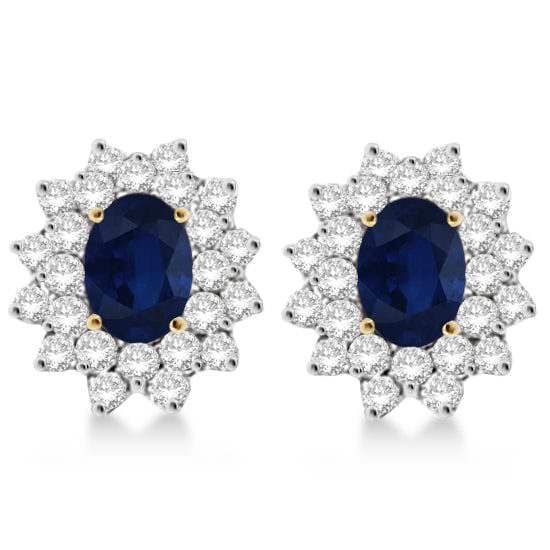 Diamond & Oval Cut Blue Sapphire Earrings 14k Yellow Gold 3ct - CE63