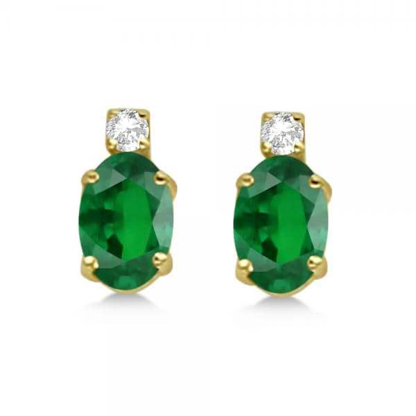 Oval Emerald Stud Earrings with Diamonds 14k Yellow Gold 0.43ct
