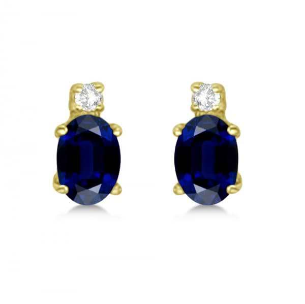 Oval Blue Sapphire Stud Earrings with Diamonds 14k Yellow Gold 0.43ct