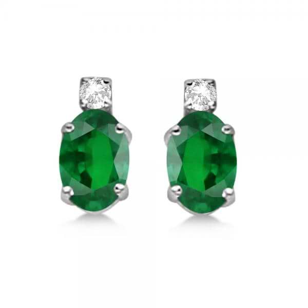 Oval Emerald Stud Earrings with Diamonds 14k White Gold 0.43ct