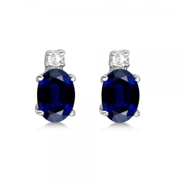 Oval Blue Sapphire Stud Earrings with Diamonds 14k White Gold 0.43ct