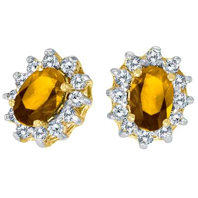 Prong-Set Oval Citrine and Diamond Earrings 14K Yellow Gold (1.25tcw)