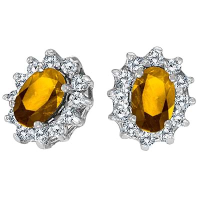 Prong-Set Oval Citrine and Diamond Earrings 14K White Gold (1.25tcw)