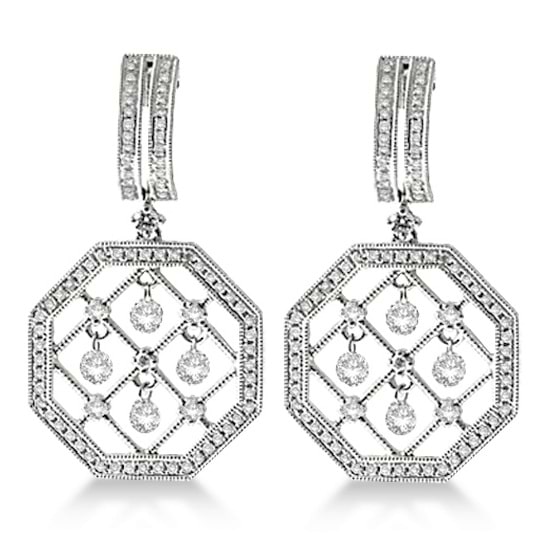 Octagon Shaped Dangling Drop Diamond Earrings 14K White Gold (1.15ct)