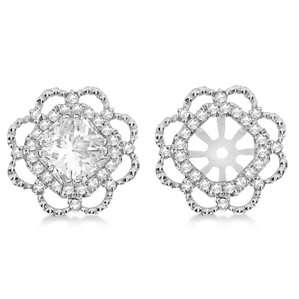 Diamond Halo Flower Earring Jackets Prong Set in 14k White Gold 0.28ct
