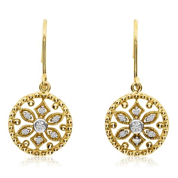 Flower Design Diamond Accented Dangle Earrings w/ Flower Design 14k Yellow Gold 0.10ct