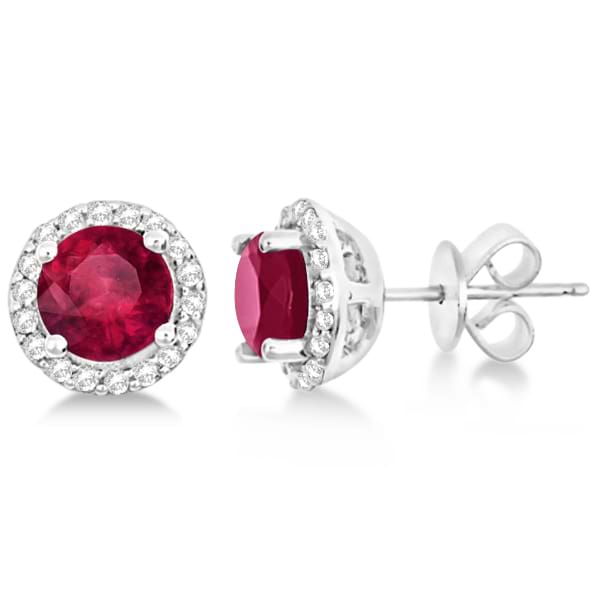 Ladies Ruby & Diamond Halo Stud Earrings in Sterling Silver 2.27ct