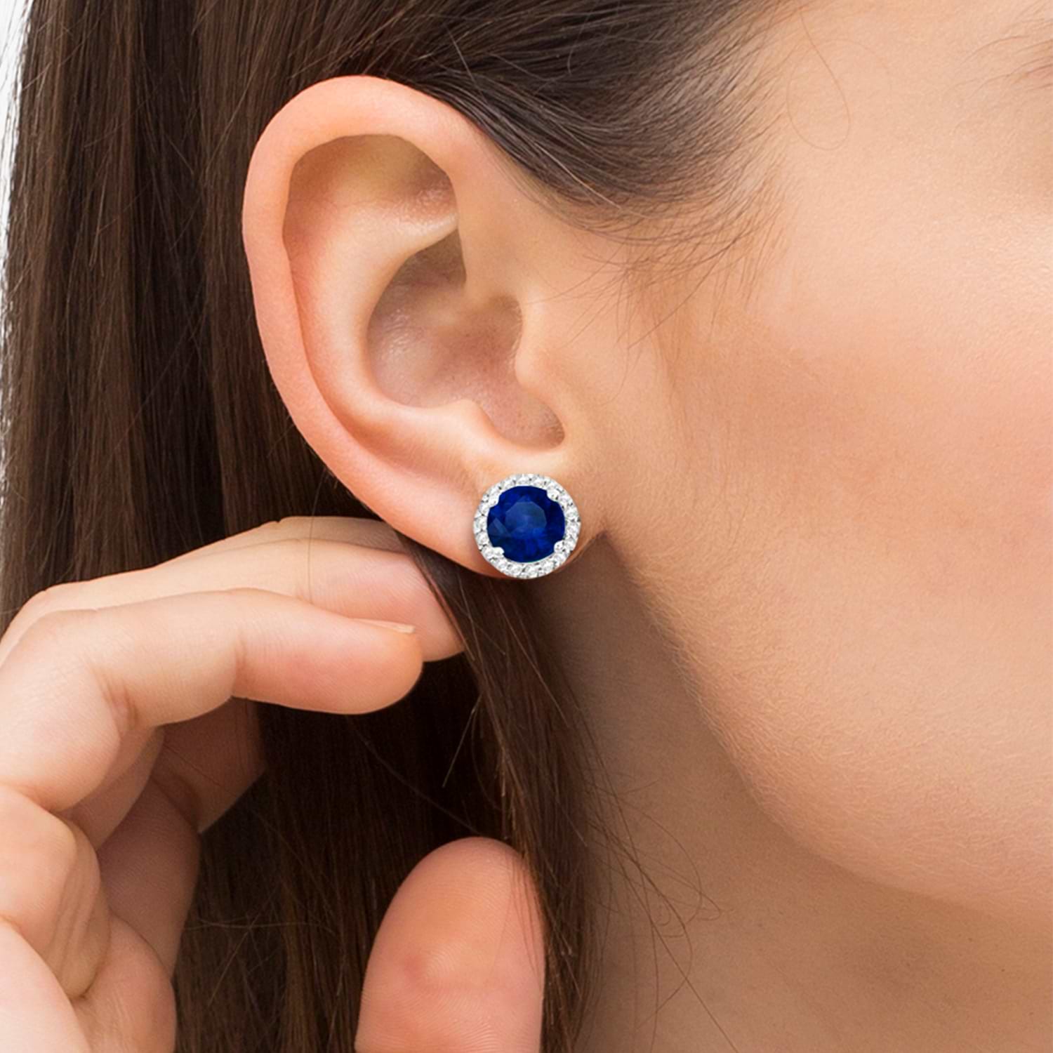 Blue Sapphire & Diamond Halo Stud Earrings in Sterling Silver 2.27ct