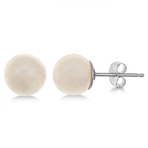 White Pearl Stud Earrings Sterling Silver Prong Set (7mm)