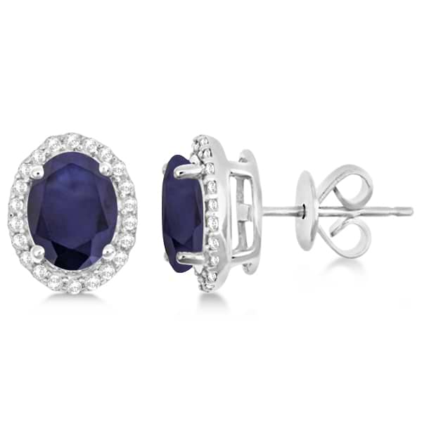 Oval Blue Sapphire & Diamond Halo Stud Earrings Sterling Silver 3.22ct