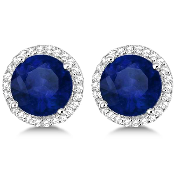 Round Sapphire & Diamond Halo Stud Earrings Sterling Silver 3.36ct