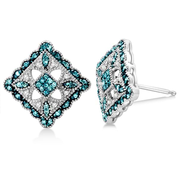 Square White and Blue Diamond Earrings Sterling Silver (0.26ctw)