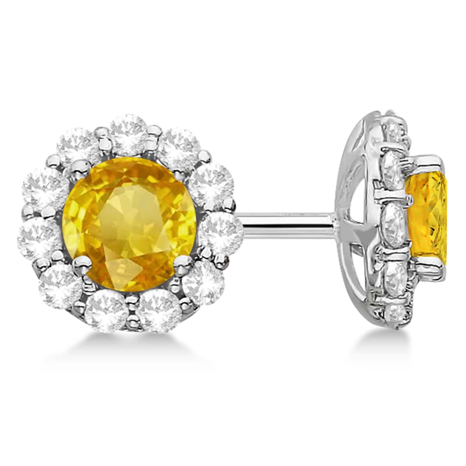 Halo Yellow Sapphire & Diamond Stud Earrings 14kt White Gold 2.62ct.