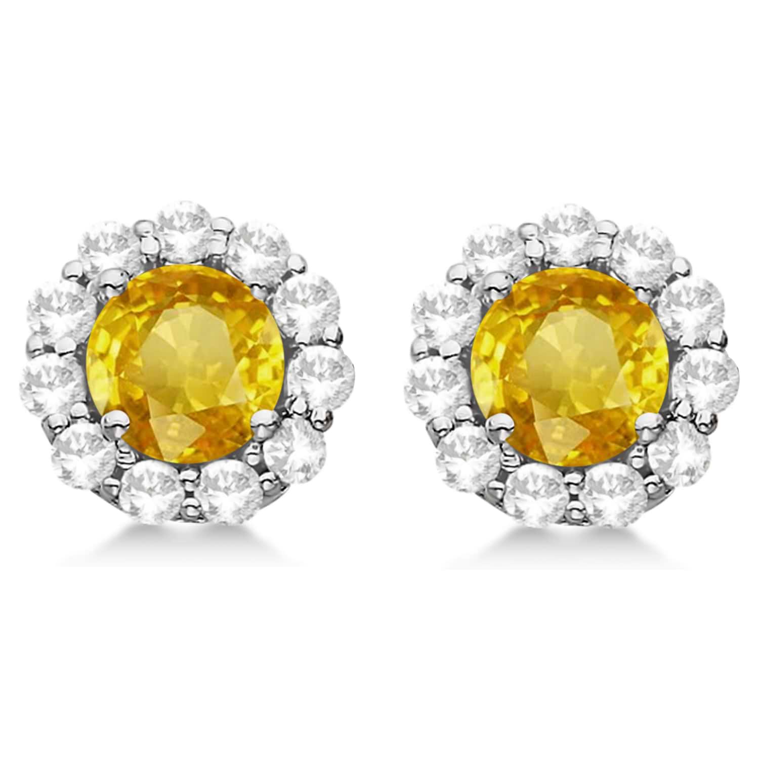 Halo Yellow Sapphire & Diamond Stud Earrings 14kt White Gold 2.62ct.