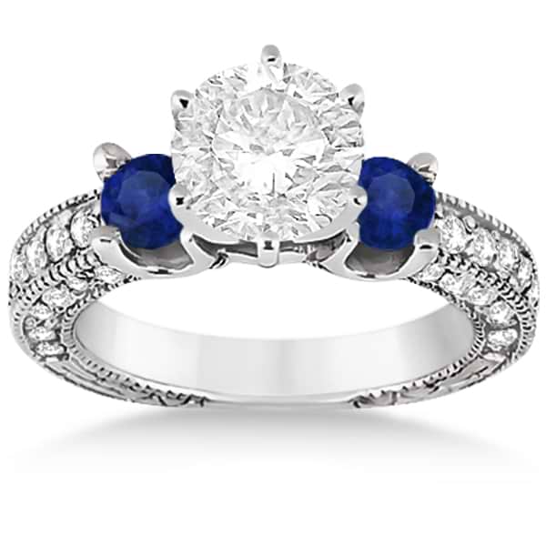 Lab Blue Sapphire & Lab Diamond 3-Stone Engagement Ring 14k White Gold 1.06ct