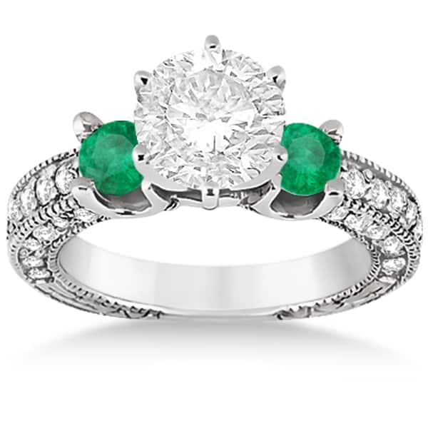 Three-Stone Emerald & Diamond Engagement Ring 14k White Gold 0.94ct