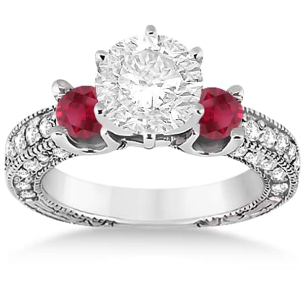 Three-Stone Ruby & Diamond Engagement Ring 14k White Gold 1.13ct