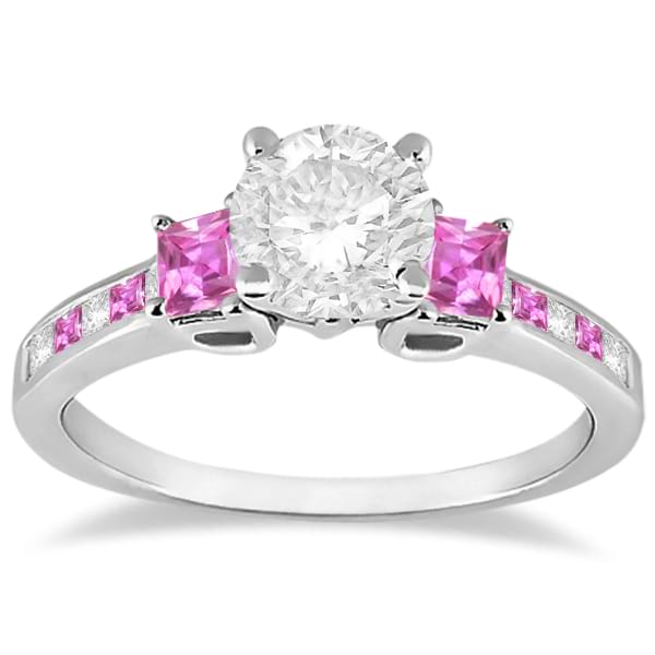 Princess Cut Diamond & Pink Sapphire Engagement Ring 18k W Gold (0.68ct)