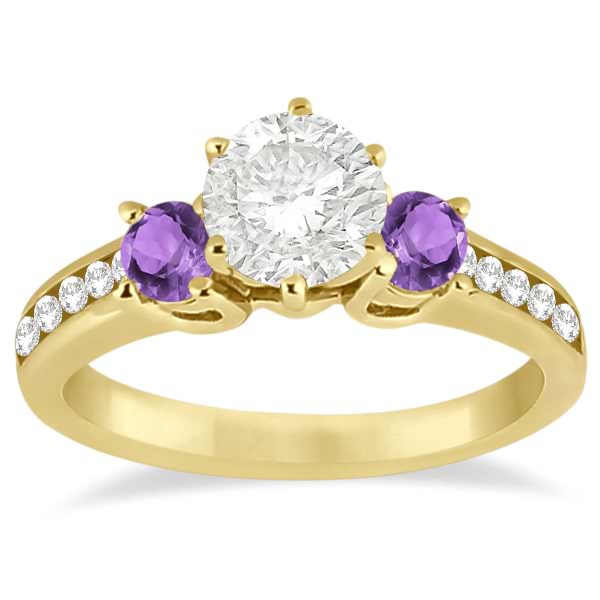 Three-Stone Amethyst & Diamond Engagement Ring 14k Yellow Gold 0.45ct