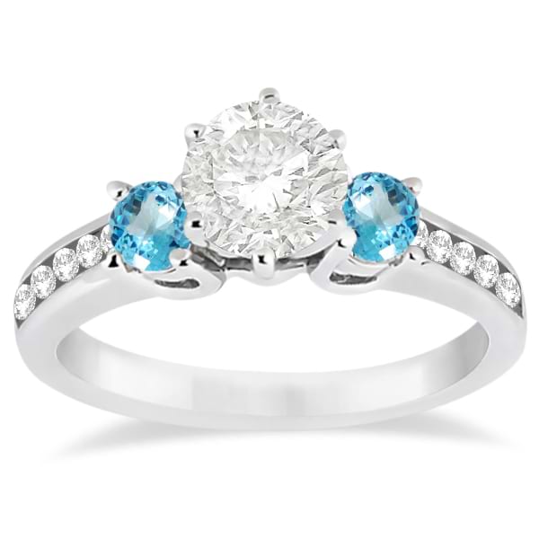 Three-Stone Blue Topaz & Diamond Engagement Ring 14k White Gold 0.45ct