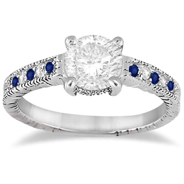 Vintage Blue Sapphire & Diamond Engagement Ring 14k White Gold 0.31ct