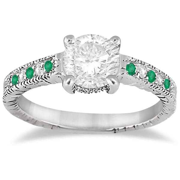 Vintage Emerald & Diamond Engagement Ring 14k White Gold 0.29ct