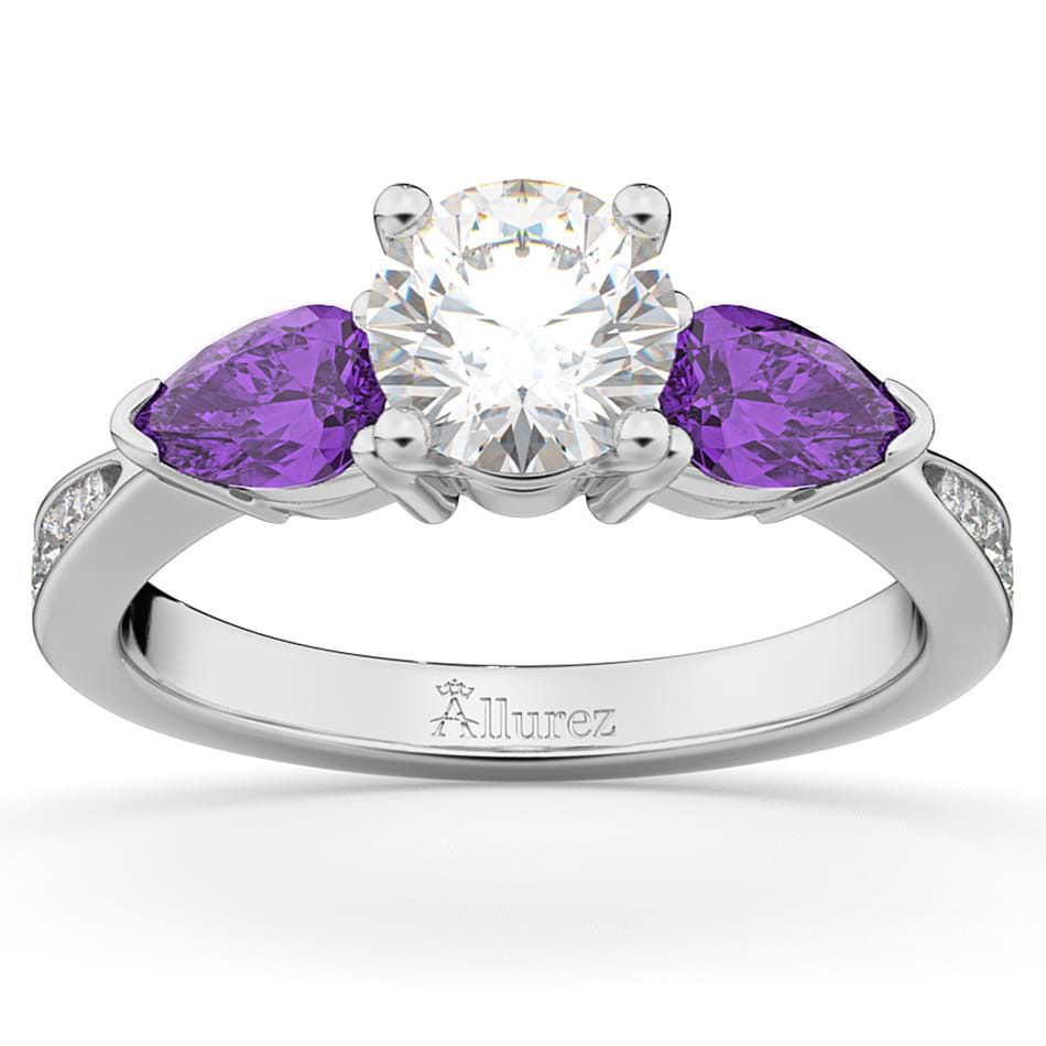 Diamond & Pear Amethyst Engagement Ring 14k White Gold 0.79ct - U6520