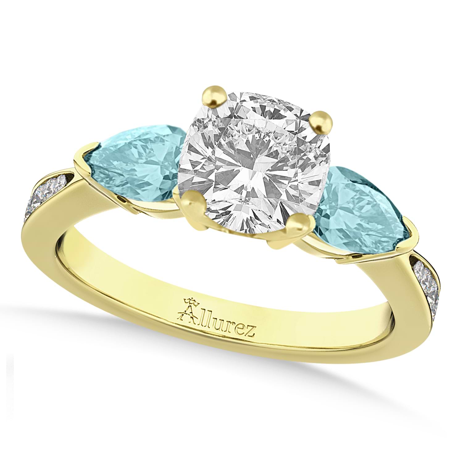 Cushion Diamond & Pear Aquamarine Engagement Ring 14k Yellow Gold (1.29ct)