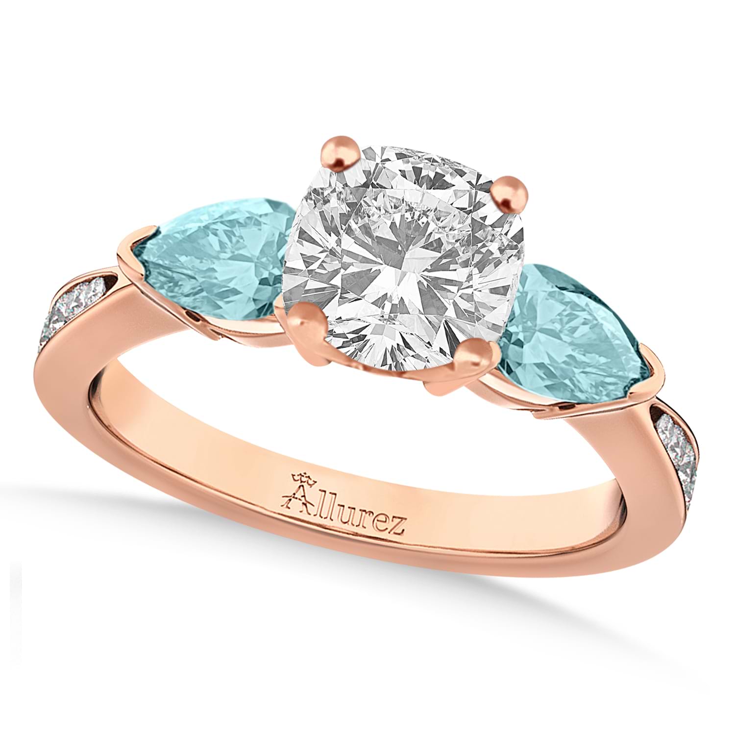 Cushion Diamond & Pear Aquamarine Engagement Ring 18k Rose Gold (1.79ct)