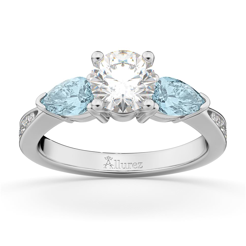 Round Diamond & Pear Aquamarine Engagement Ring Platinum 1.79ct - AZ7937