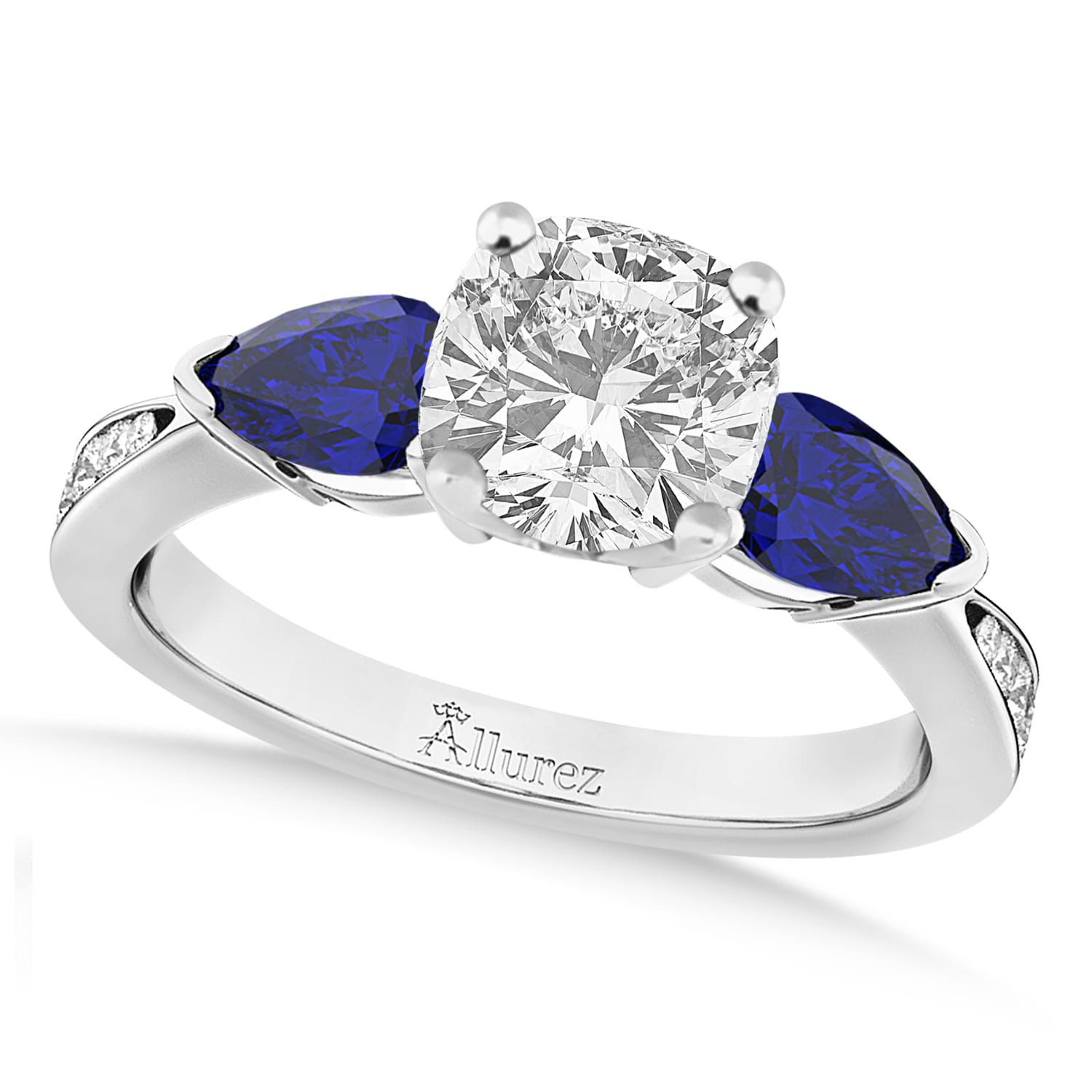 Cushion Diamond & Pear Blue Sapphire Engagement Ring 18k White Gold (1.29ct)