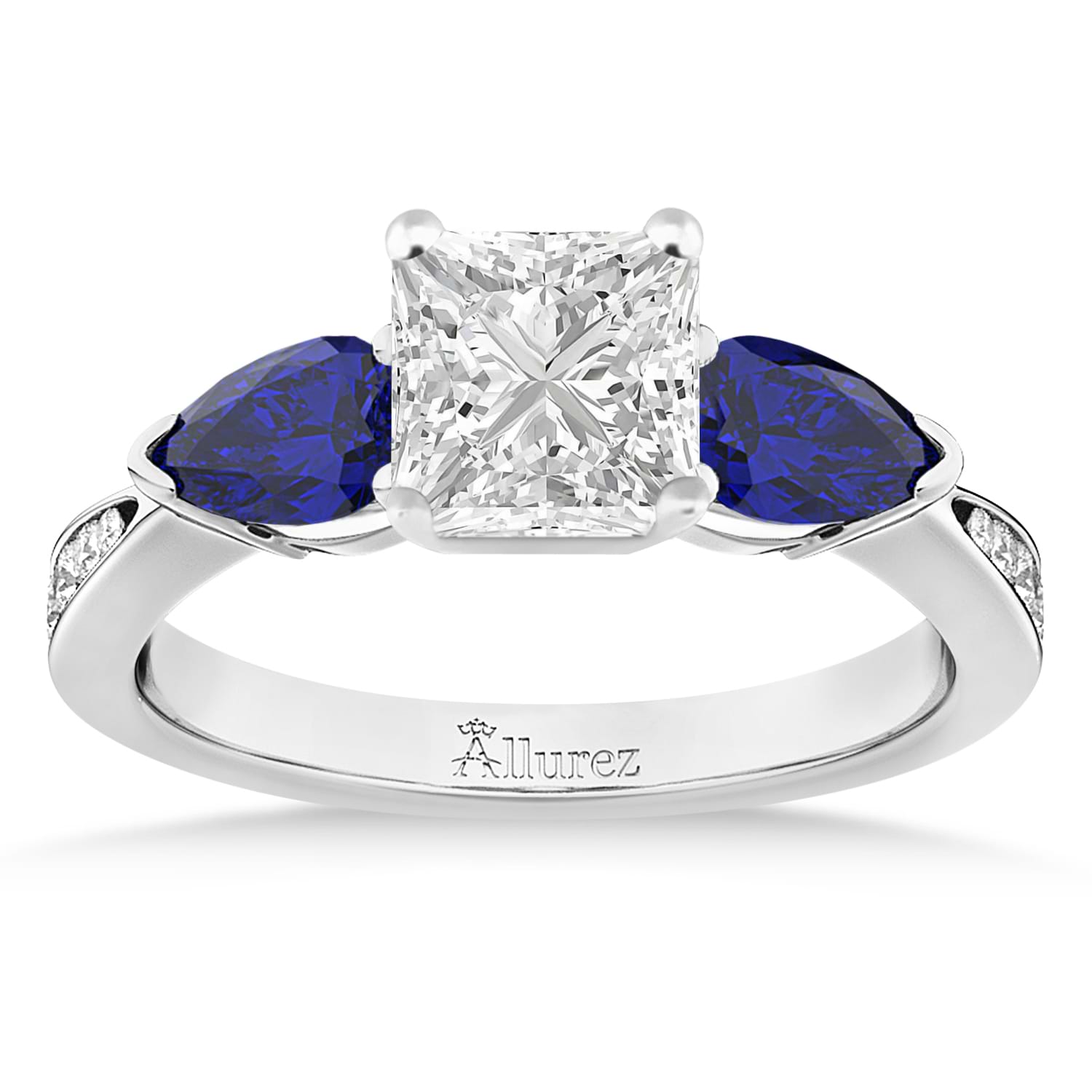 Princess Diamond & Pear Blue Sapphire Engagement Ring 14k White Gold (1.29ct)