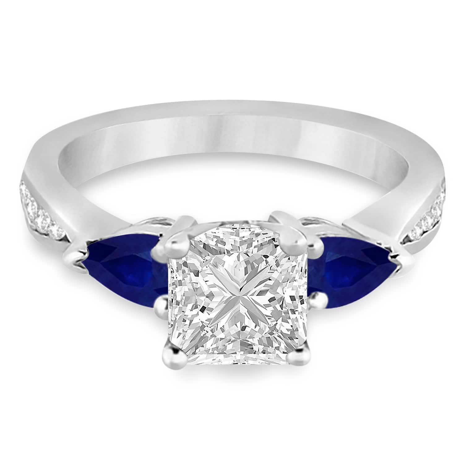 Princess Diamond & Pear Blue Sapphire Engagement Ring 18k White Gold (1.29ct)
