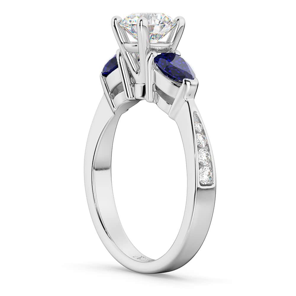 Round Diamond & Pear Blue Sapphire Engagement Ring 14k White Gold (1.29ct)
