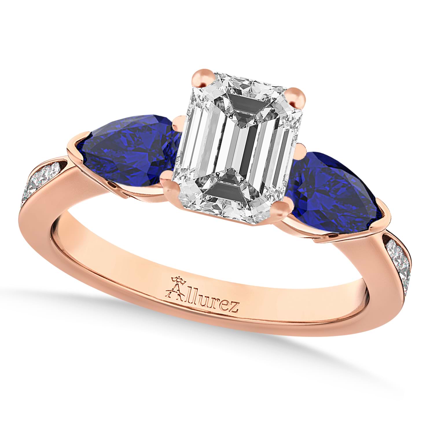 Emerald Diamond & Pear Blue Sapphire Engagement Ring 14k Rose Gold (1.79ct)